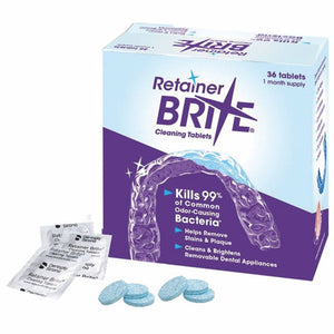 Box and packets of retainer brite cleaning tablets designed for dental appliances, displaying the product's features and benefits.