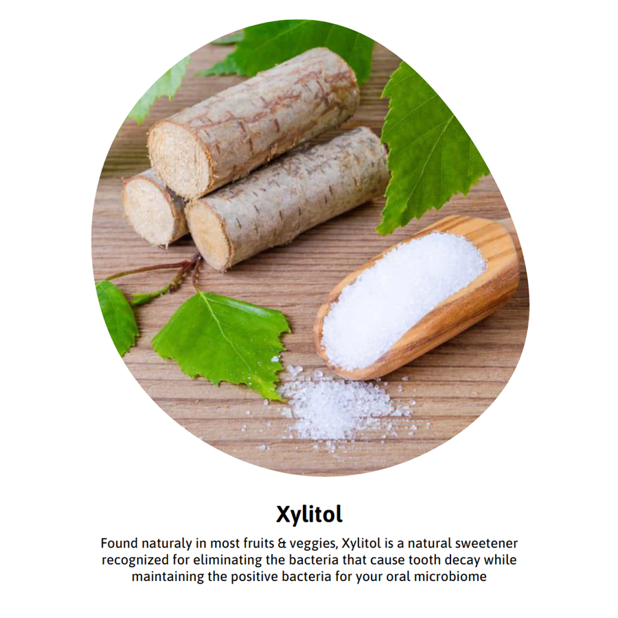 Xylitol sweetener with wooden scoop and birch branches, used for tooth decay prevention in dental supplements.