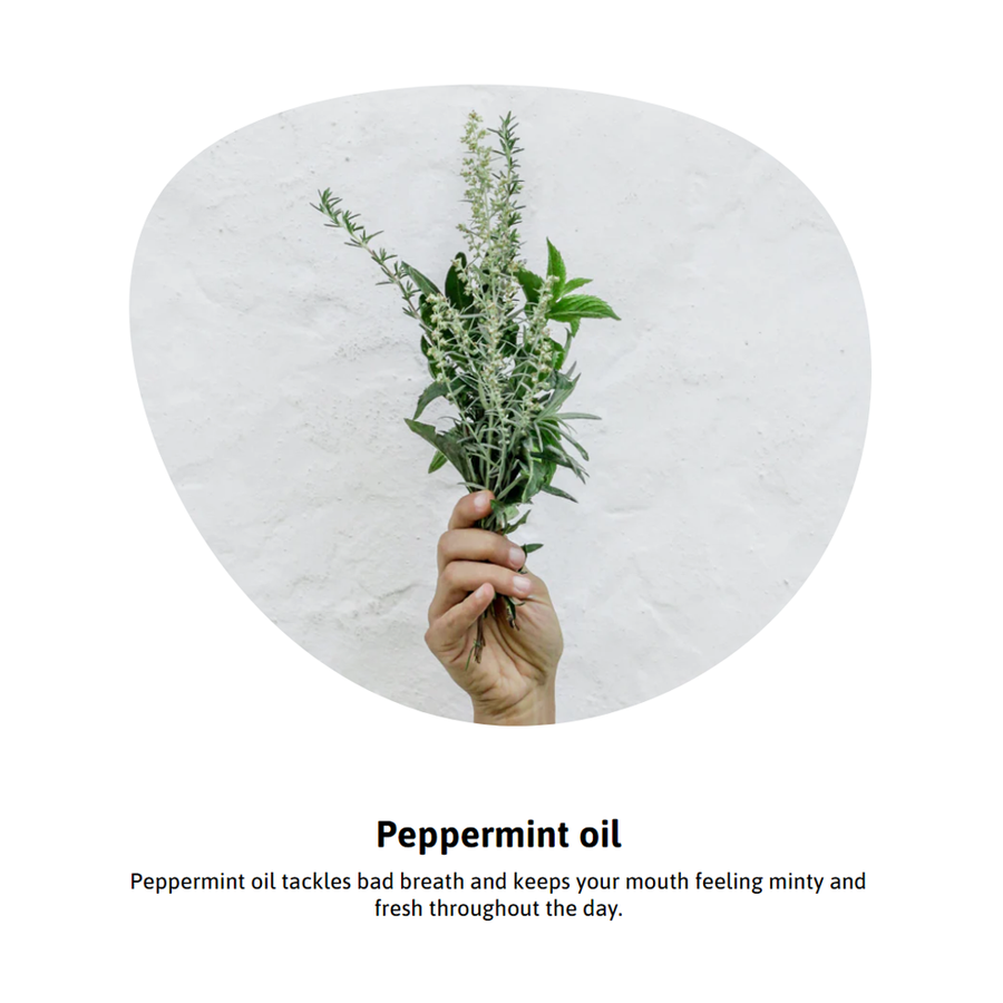 Hand holding a sprig of peppermint, showcasing its use in Dr. Heff's Remarkable Dental Supplement for fresh breath and oral health.