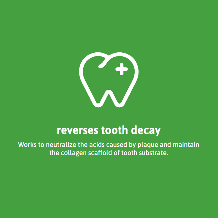 Icon of a tooth with a medical cross symbol, labeled "reverses tooth decay" with text about acid neutralization and tooth substrate maintenance, on a green background.