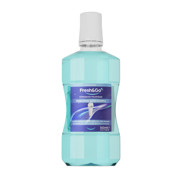 A 500ml bottle of fresh&go alcohol-free orthodontic mouthwash with the text 'help keep gums healthy' on a blue label
