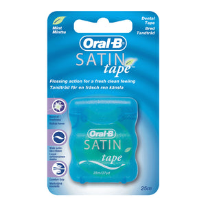 Oral-B Satin Tape Mint 25m in blue packaging, silky ribbon-like floss for smooth dental care.