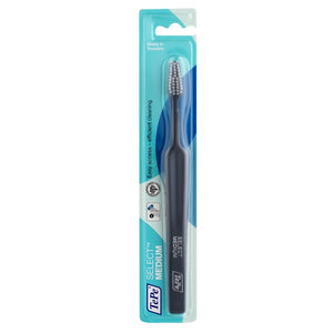 TePe Select Medium Toothbrush with tapered head and end-rounded filaments for gentle cleaning.